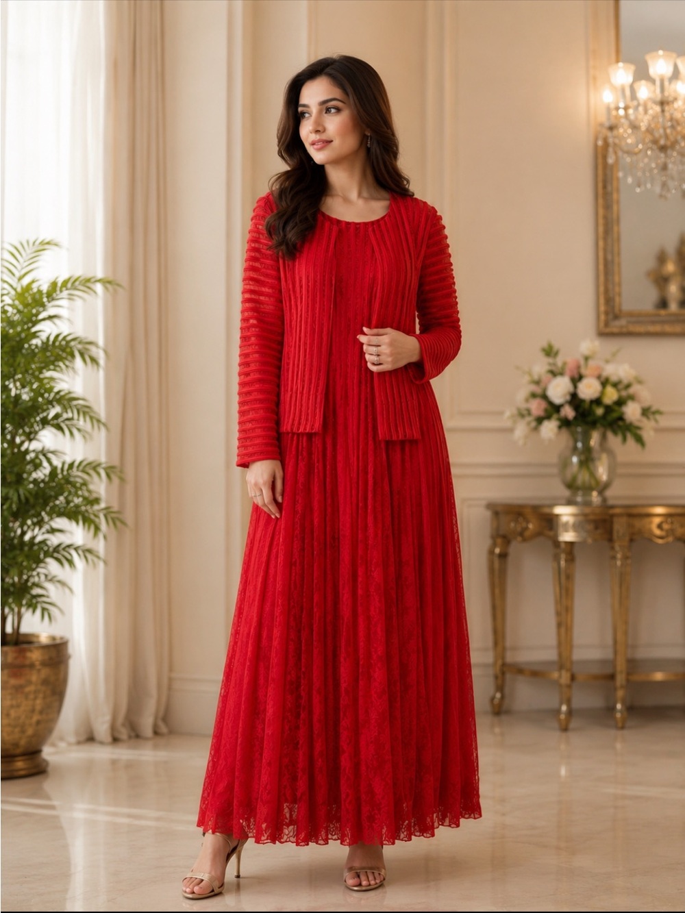 Elegant Red Maxi Dress with Textured Jacket